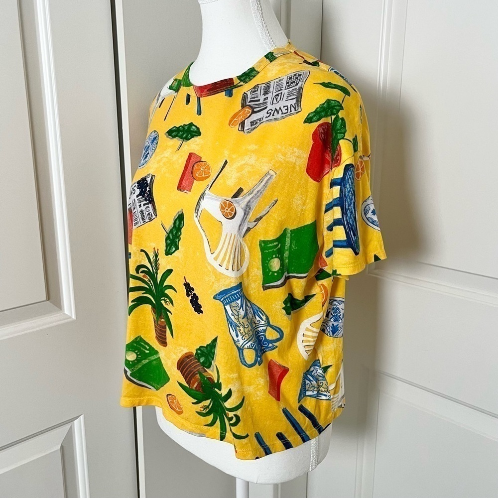 Zara Summer Patio Graphic Boxy Tee T-Shirt-Yellow Multicolor-Women Size Medium - Picture 2 of 11